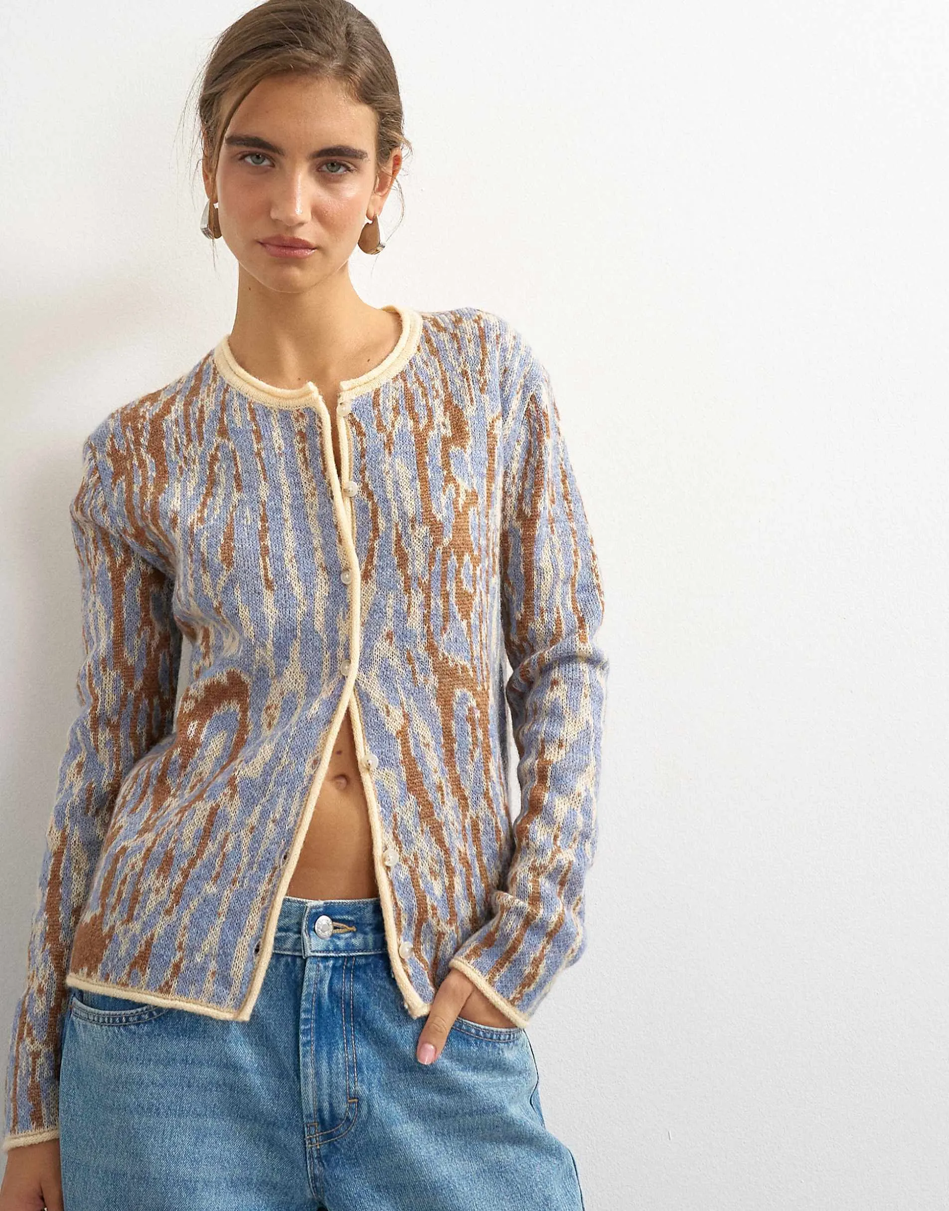 Topshop knitted brushed animal cardigan with wool and mohair in brown and blue