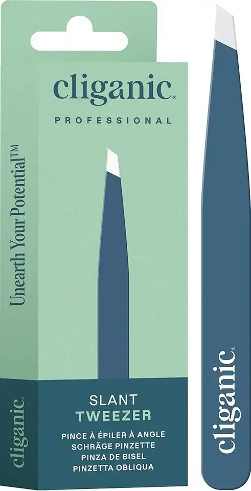 Cliganic Professional Eyebrow Tweezers Slant Tip - Precision for Men & Women, Stainless Steel Best for Plucking Chin Facial Hair