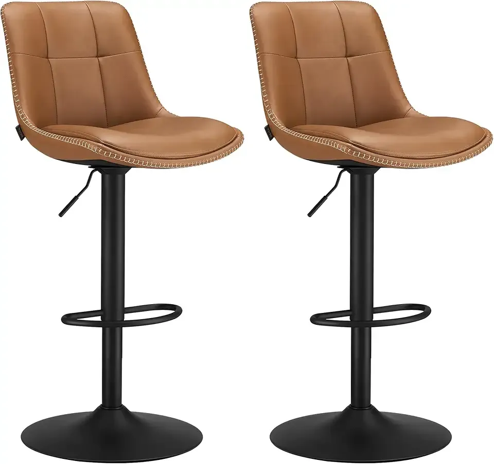 VASAGLE Bar Stools, Set of 2 Swivel Bar Chairs, Adjustable Height, Quilt, Synthetic Leather Kitchen Stools with Back and Footrest, Dining Room, Counter, Steel, Caramel Brown ULJB095K01