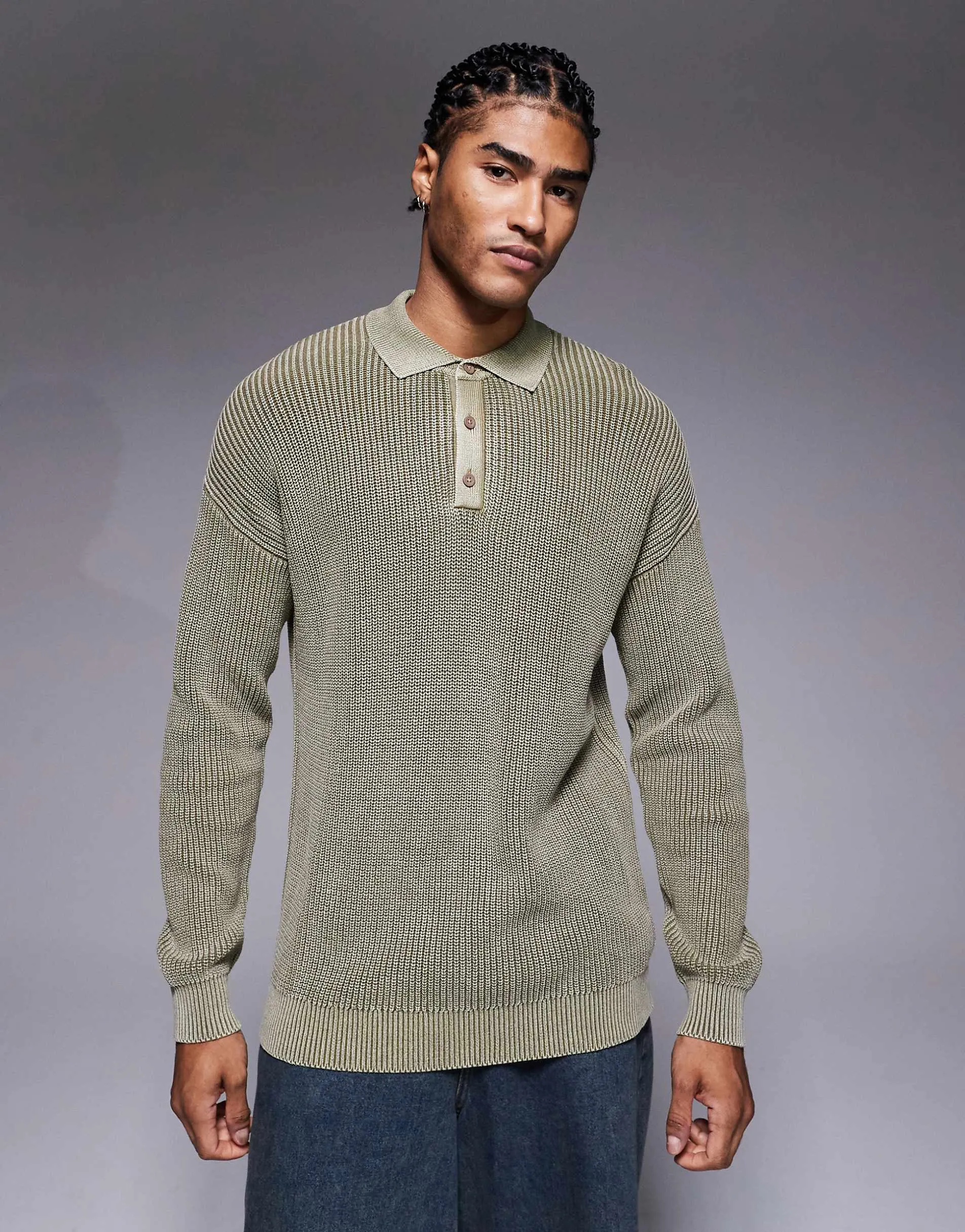 ASOS DESIGN relaxed knitted ribbed polo jumper in khaki acid wash