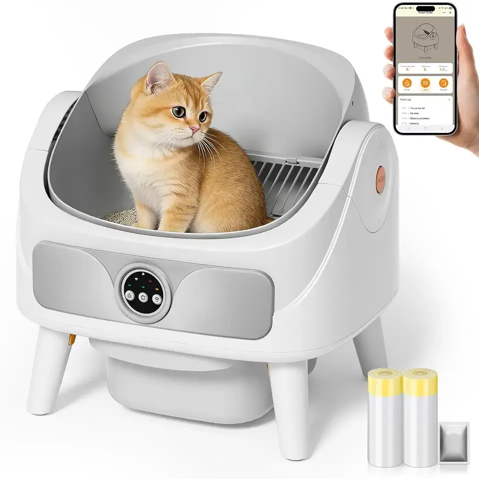 DuckSky Automatic Litter Box, Open-Top Self Cleaning Cat Litter Box for Multiple Cats, Large Capacity Robot, APP Control, Safety Protection,1 Odor Eliminator, 2 Rolls Litter Liner Bags,
