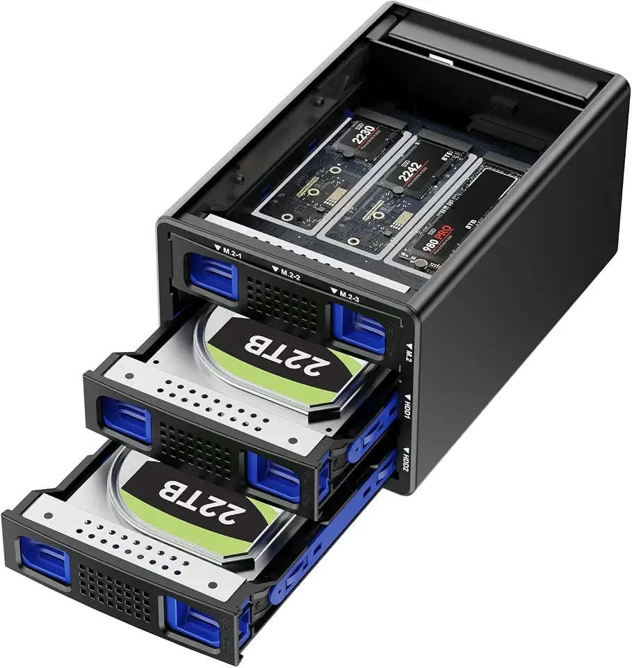 CENMATE Hybrid 2*2.5/3.5" SATA HDD/SSD+3* M / B+M Key M.2 NVMe Enclosure with Cooling Fan and USB A/C 3.2 Gen 2, Hard Drive Enclosure Support 2*22TB HDD+3*8TB 2230/2242/2260/2280/22110 SSDs