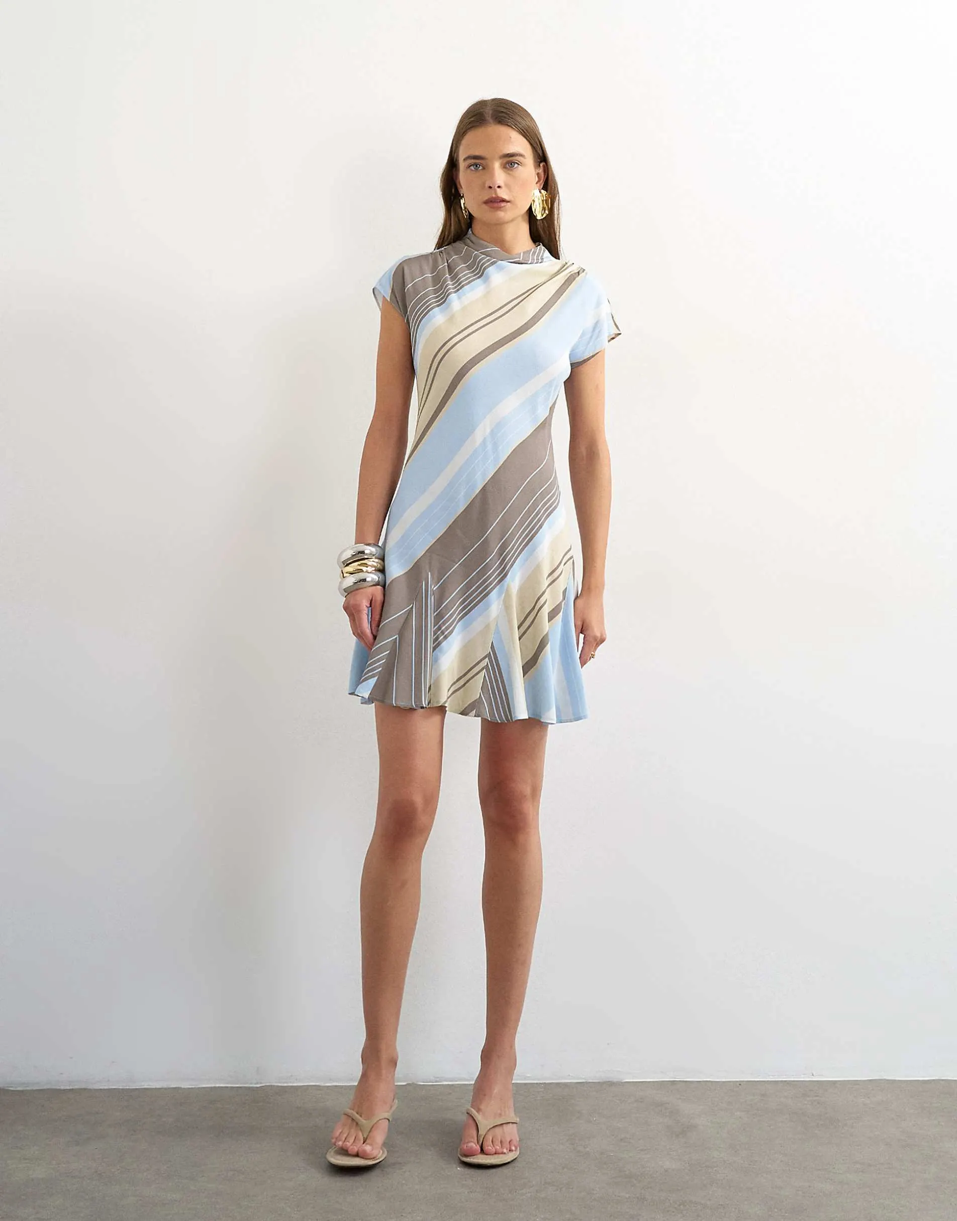 Topshop viscose grown on sleeve mini tea dress in blue and grey stripe