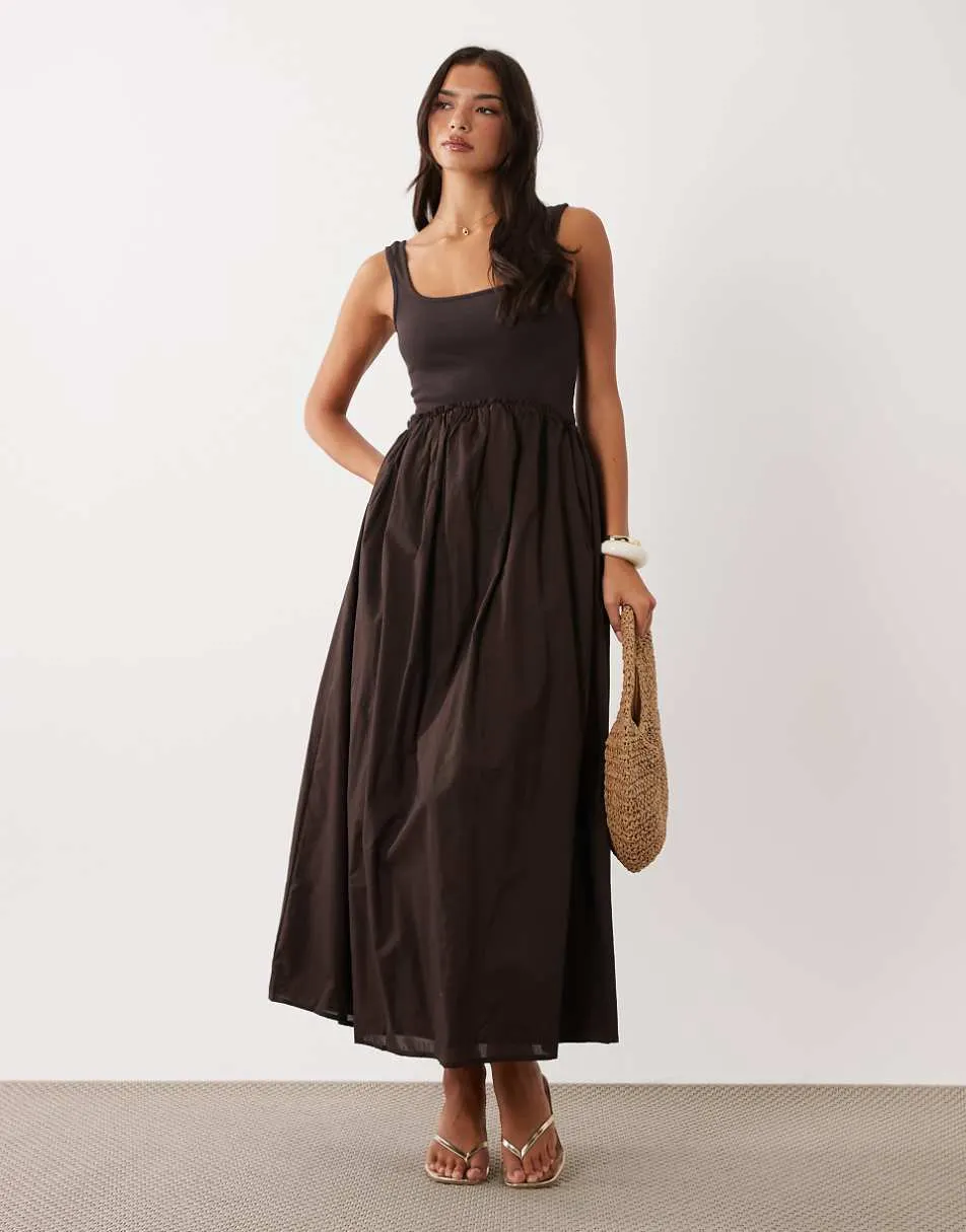 ASOS DESIGN scoop ribbed bodice with poplin skirt midi dress in chocolate