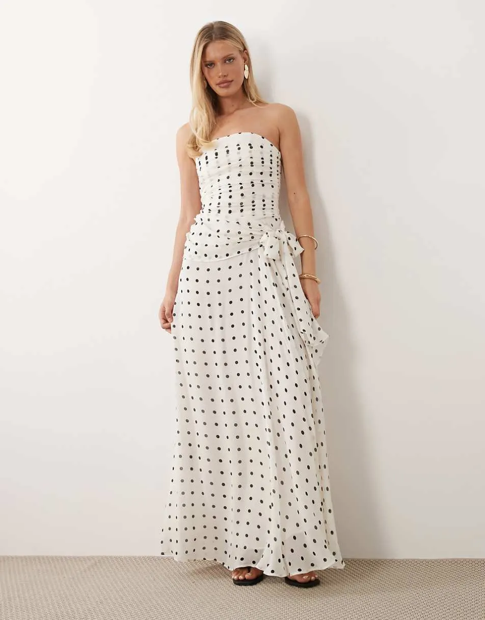 Mango off shoulder maxi dress in cream and black polka dot