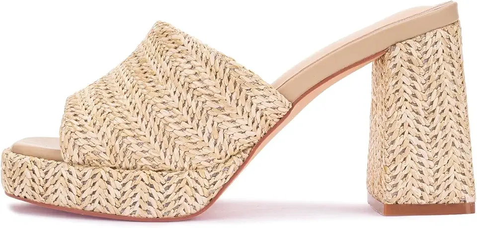 Raffia Heeled Sandals for Women,Platform Wedge Slip On Block Heel, Dressy Summer Open Toe Chunky High Heel Vacation Beach Slides Sandals