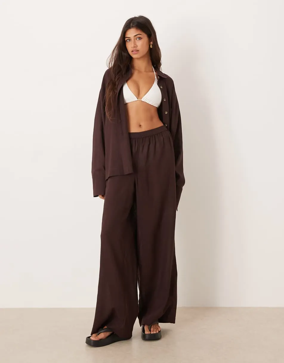 ASOS DESIGN Ipanema sheer beach trouser with linen in chocolate