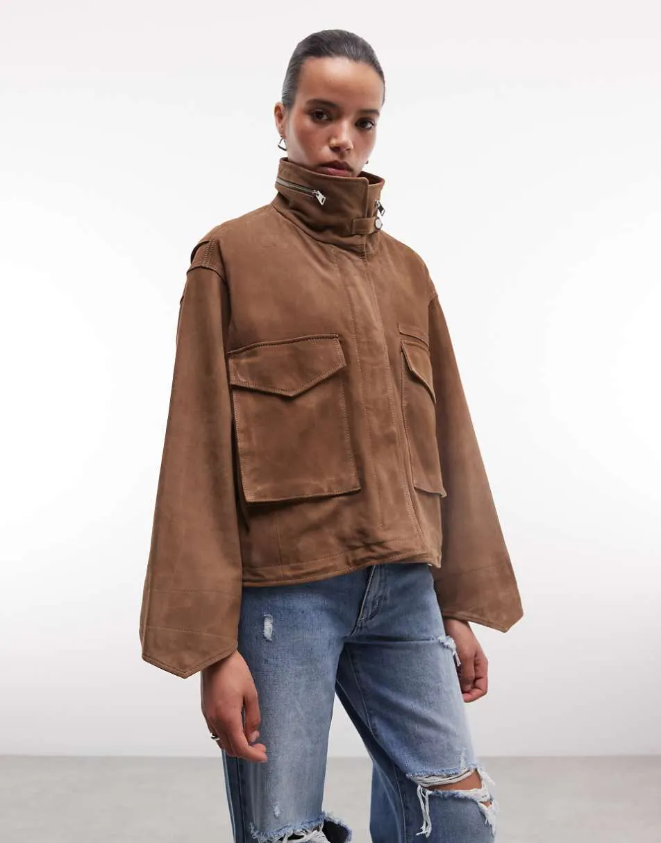 AllSaints Clay funnel neck cropped suede jacket in walnut brown