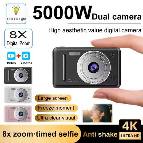 4k Digital Camera IPS HD 50MP CCD Camera 2.4" Autofocus Vlogging Student Camcorder 8X Dual Cam and LED Flash Video Photo Filming