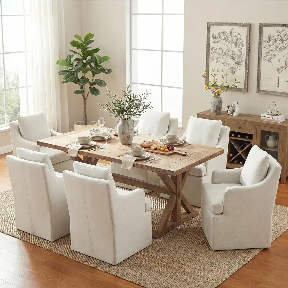 VKNOW Upholstered Dining Chairs Set of 6, Dining Room Chairs with Casters | Modern Rolling Dining Chairs with Armrest, Soft Chenille Fabric, Washable Cover, Easy Assembly, Living Room, Bedroom, Cream