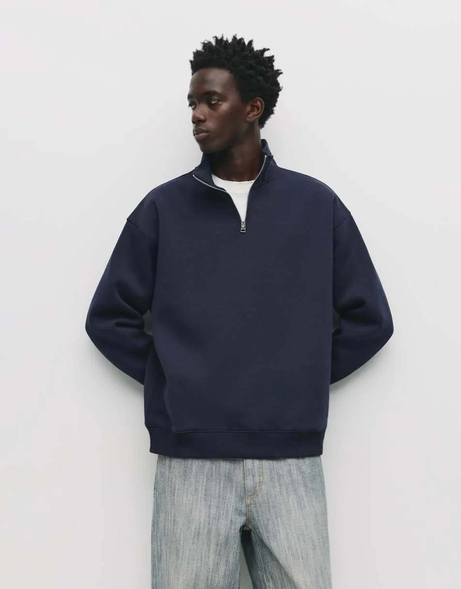 Pull&Bear Basic quarter-zip sweatshirt in navy