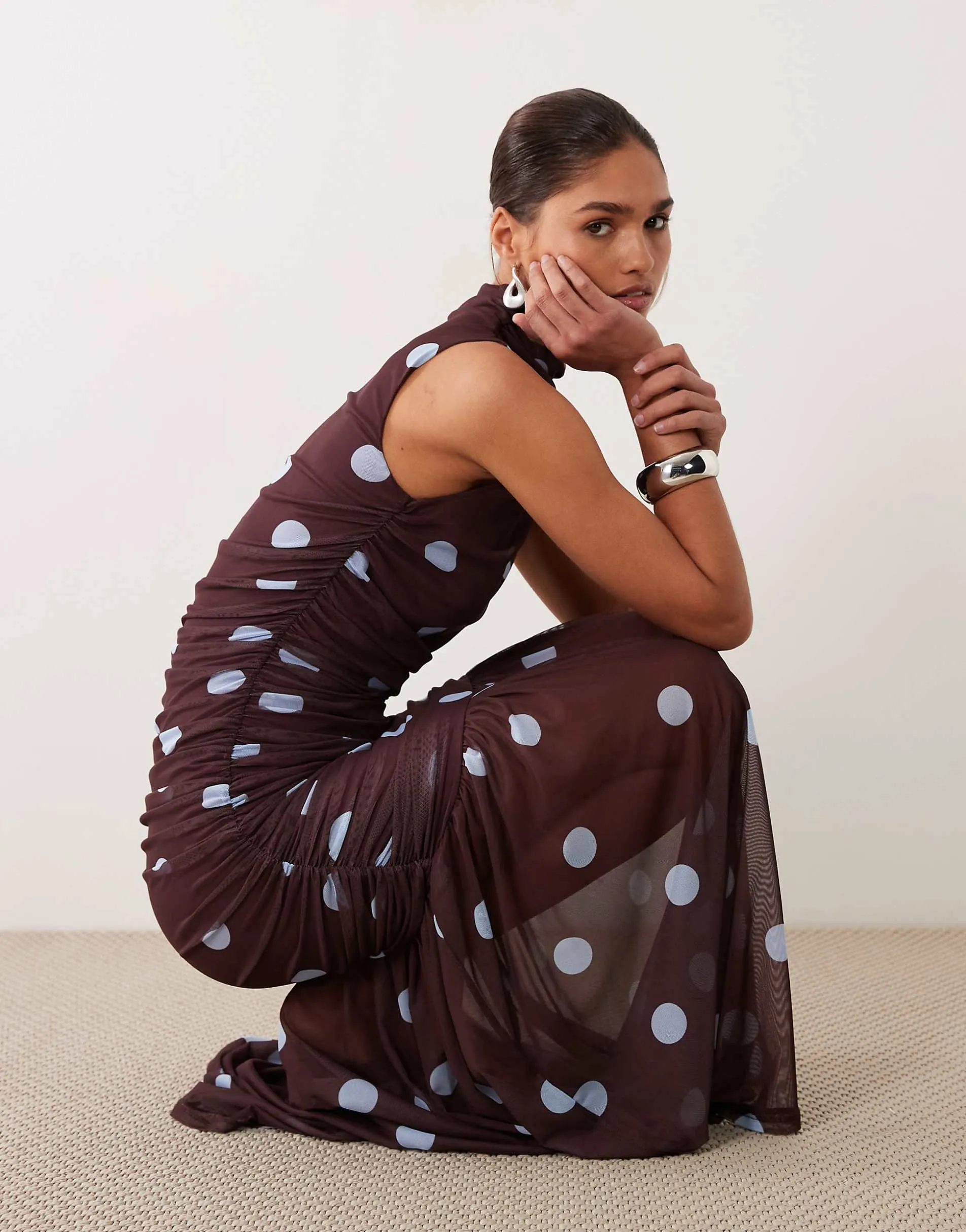 ASOS DESIGN printed polka dot ruched drop waist circle dress with grown in neck in burgundy