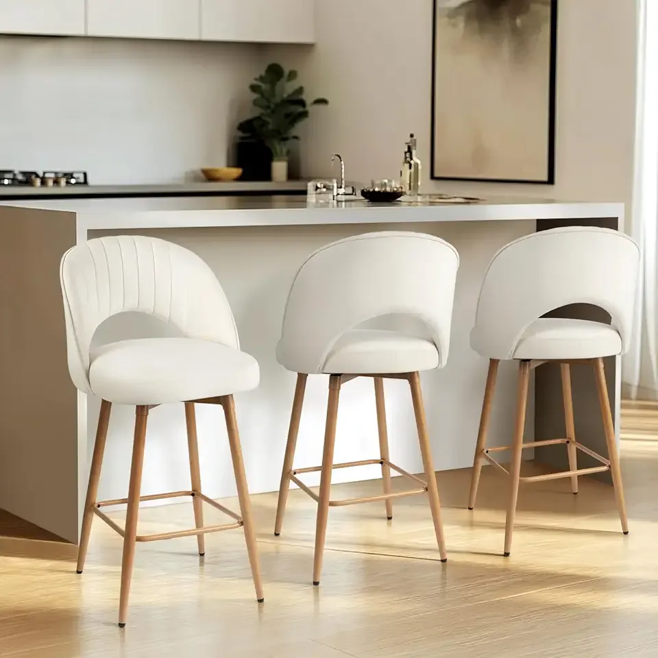 Swivel Bar Stools Set of 3, Counter Height Barstools for Kitchen Island, 26" Seat Height Bar Chairs for Dining Room, Velvet Upholstered Bar Stool with Back and Footrest, White