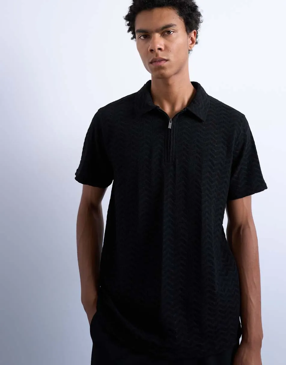 Topman jersey zig-zag polo top in black