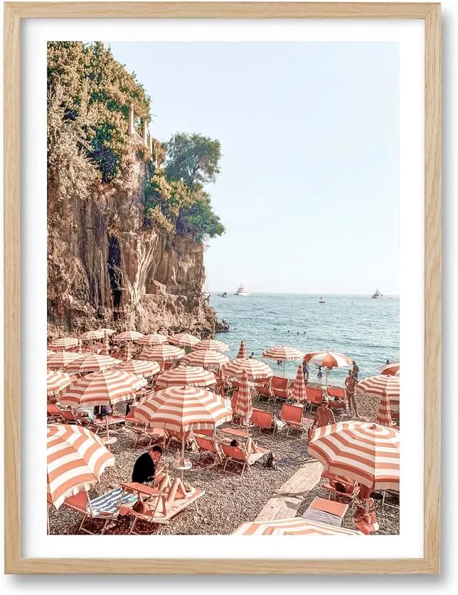 HesenDot 12x16IN Amalfi Coast Framed Wall Art Positano Canvas, 1Pack | Natural OAK Wood Frame with Acrylic Glass, Coastal Bathroo…