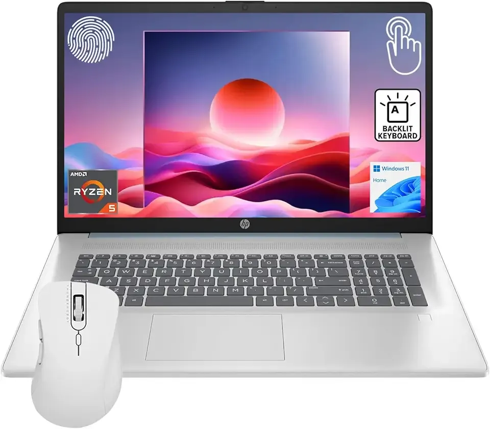 HP Essential 17.3" HD+ Touchscreen Laptop, AMD Ryzen 5 7430U, 32GB RAM, 1TB SSD, Backlit KB, Fingerprint Reader, Webcam, HDMI, Wi-Fi 6, Windows 11 Home, Bundle with Thunderobot ML101 Wireless Mouse