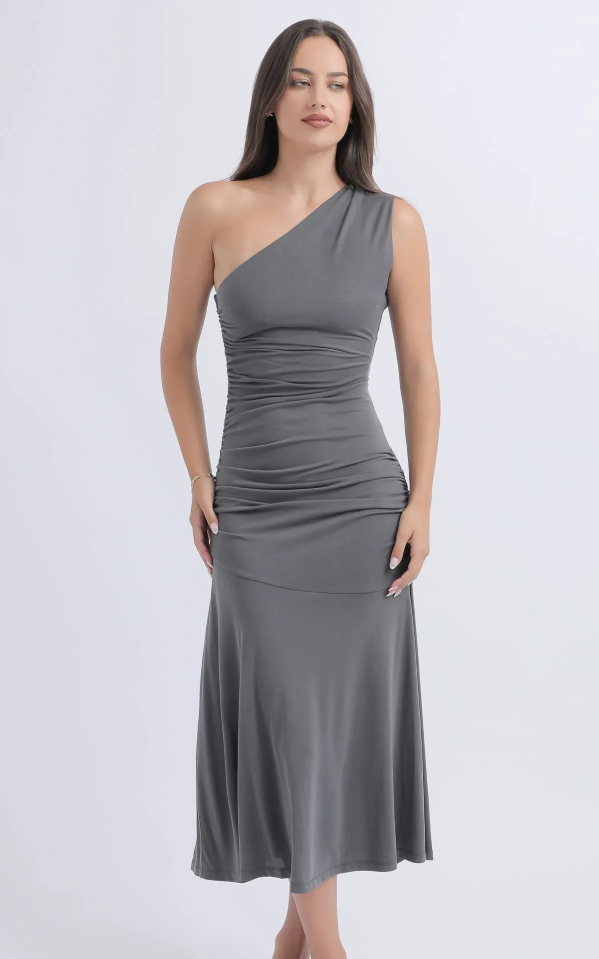 Jersey One Shoulder Ruched Midi Dress