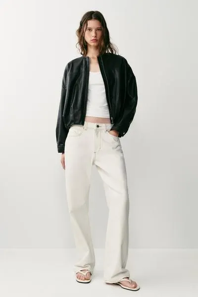 LEATHER EFFECT PUFFBALL BOMBER JACKET