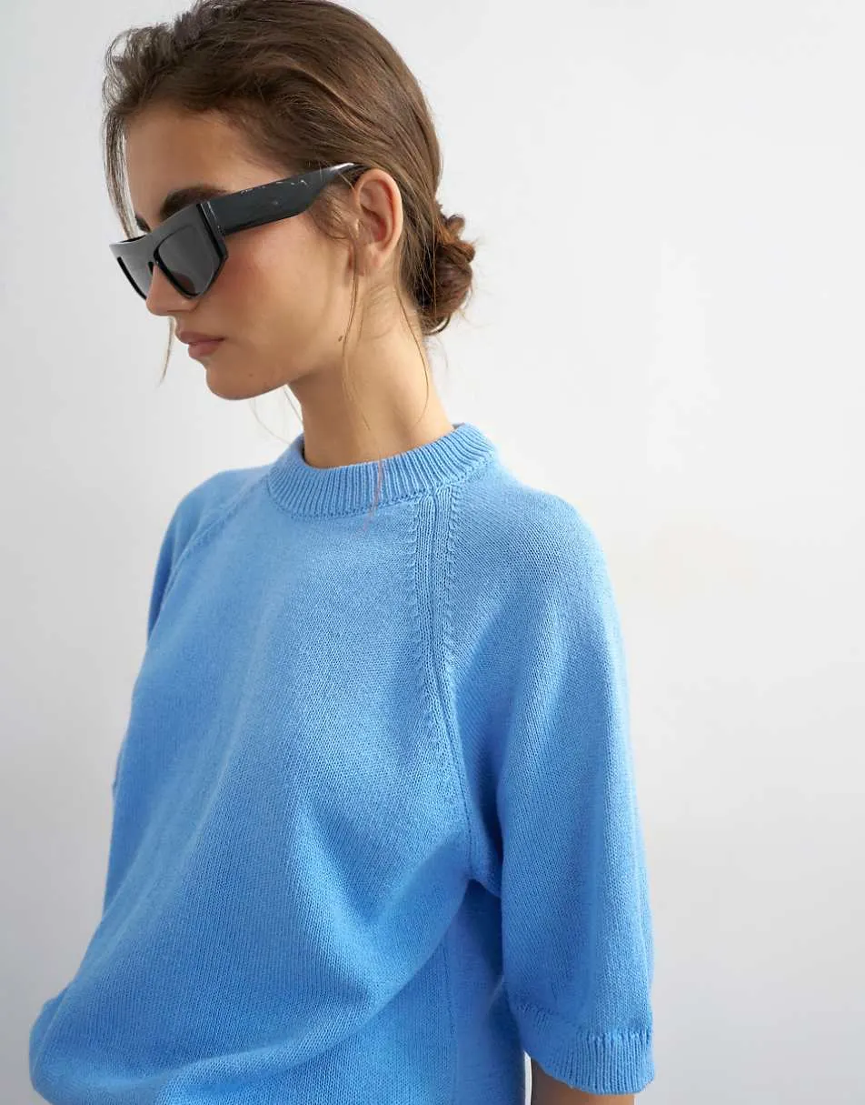 Topshop knitted half sleeve t-shirt in cornflower blue