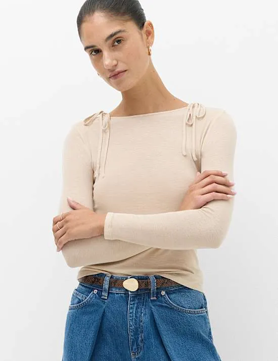 Tie Shoulder Long Sleeve Top With Wool