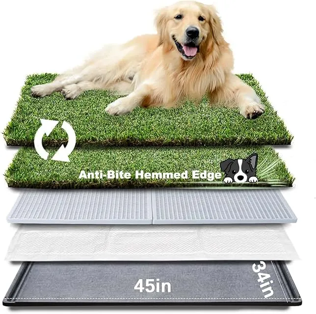 HQ4us Dog Grass Pad with Tray Extra Large 45”×34” Dog Litter Box Toilet with 2×Artificial Grass for Dogs with Hemmed Edge, Pee Pads for Dogs, Realistic, Les…