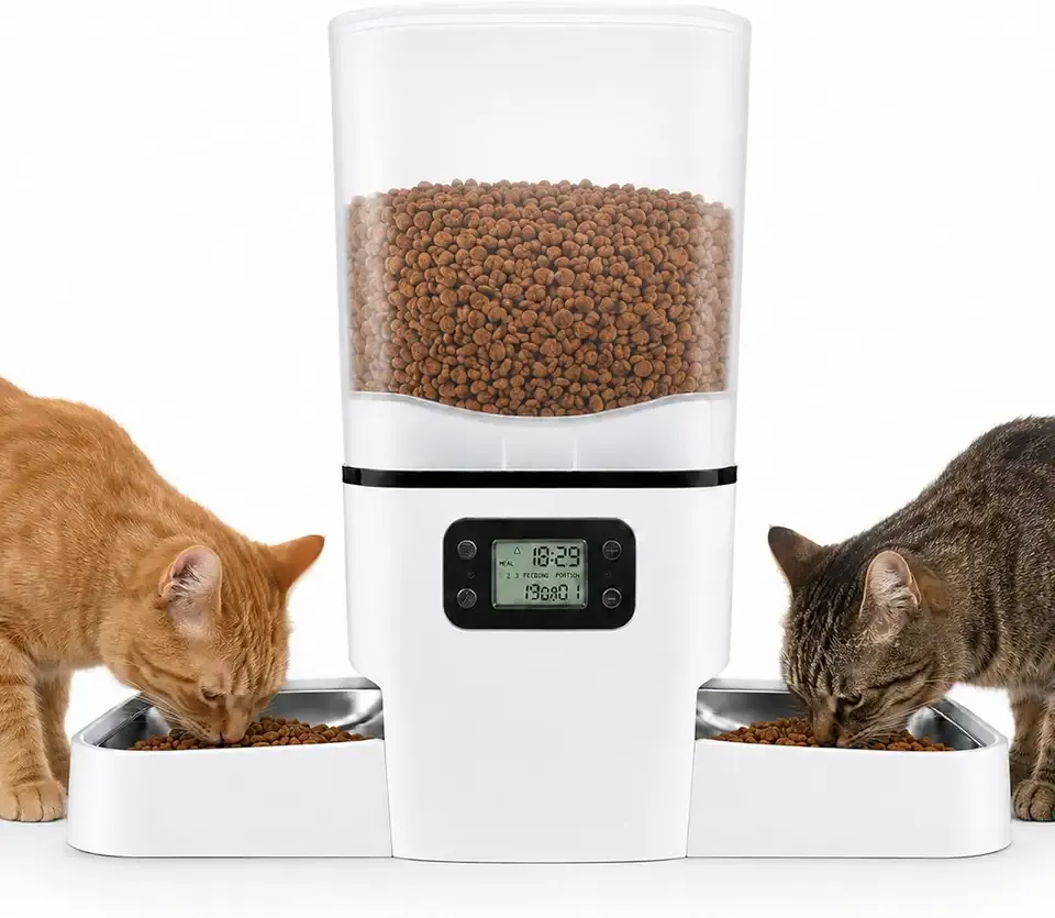 Automatic Cat Feeder for 2 Cats & Small Dog, 6L Large Capacity for Dry Food | Timed Cat Food Dispenser with 2 Stainless Steel Bowl, Dual Power Supply, Detachable & Dishwasher Safe, LED Display Screen