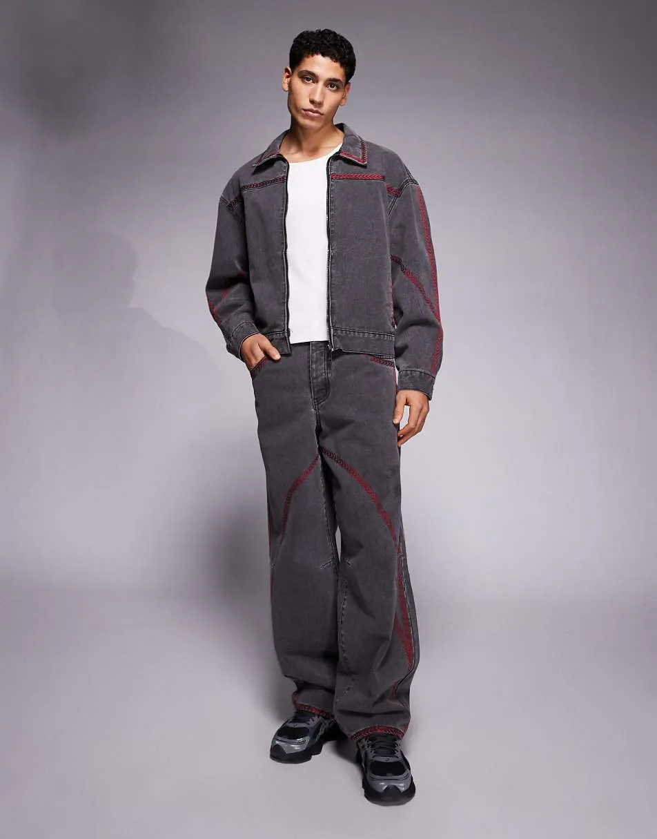 Liquor N Poker embroidery detail oversized baseball jacket co-ord in black