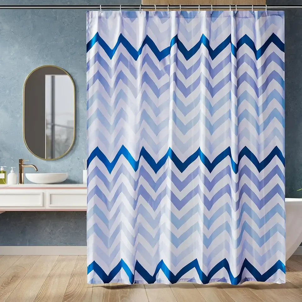 Amazon Basics Bathroom Shower Curtain, Water Resistant Fabric with Weighted Hem, Grommets & Hooks, Machine Washable, 72"x72", Blue Ombre Chevron