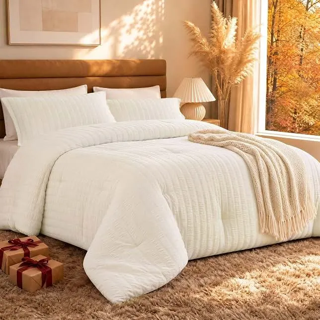 Quataly California King Comforter Set Seersucker Lightweight Bed Set | 3PCS Cream White Bedding Set with 1 Elegant Comforter (104"x96") and…