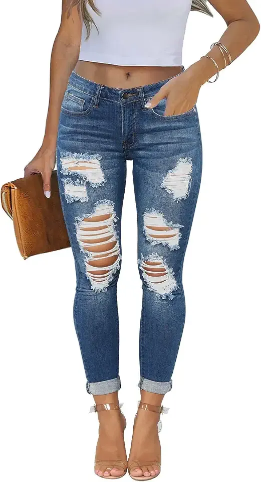 Women's Skinny Ripped Trendy Jeans Distressed Stretchy Denim Pants