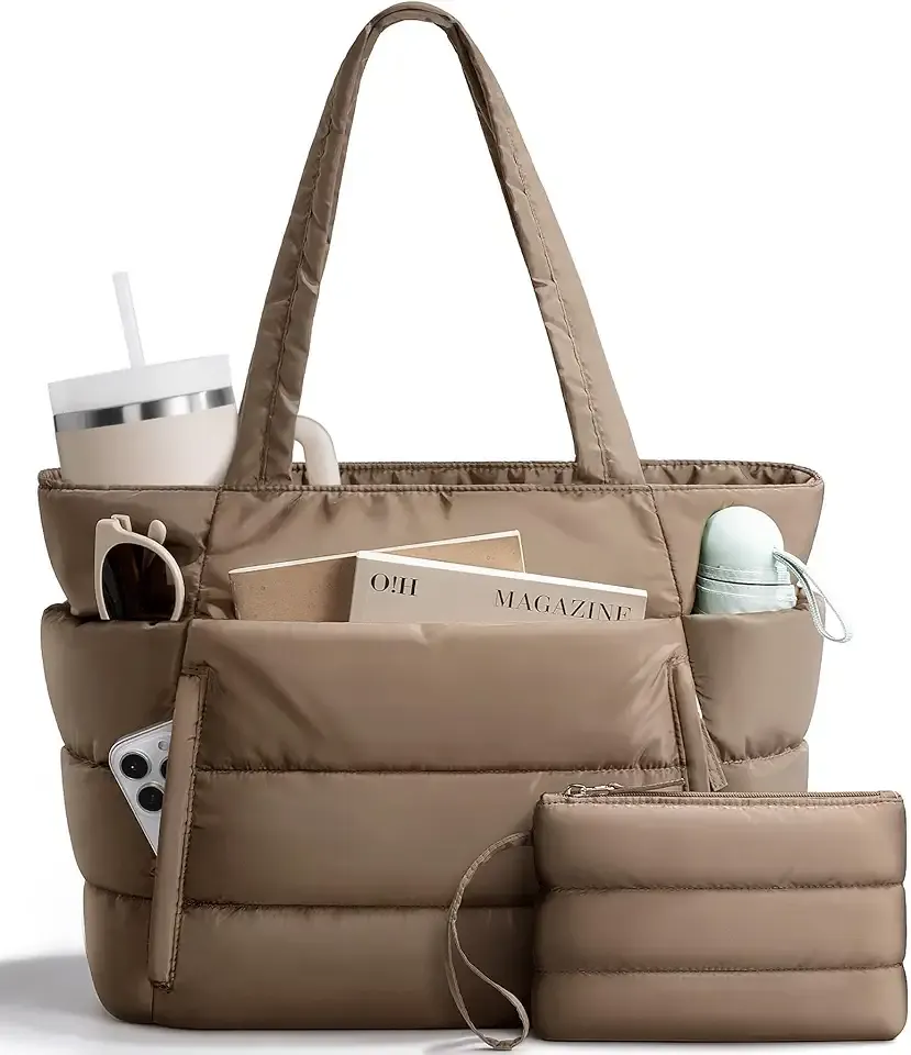 Bagstellar Puffer Tote Bag for Women, Lightweight Puffy Travel Gym Work Bag | 16 Pocket Teacher Nurse Quilted Shoulder Handbag Large Cloud Carry On 15.6" Laptop Computer Purse for School Nursing Clinical