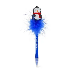 Stylo bille à plumes avec pingouin lumineux bleu