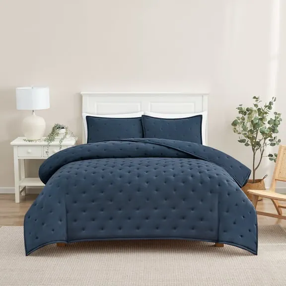 Best seller Mainstays Full/Queen Comforter Set, Soft Lightweight & All Season, 3-Piece, Navy Blue $34.42 Was $38.52