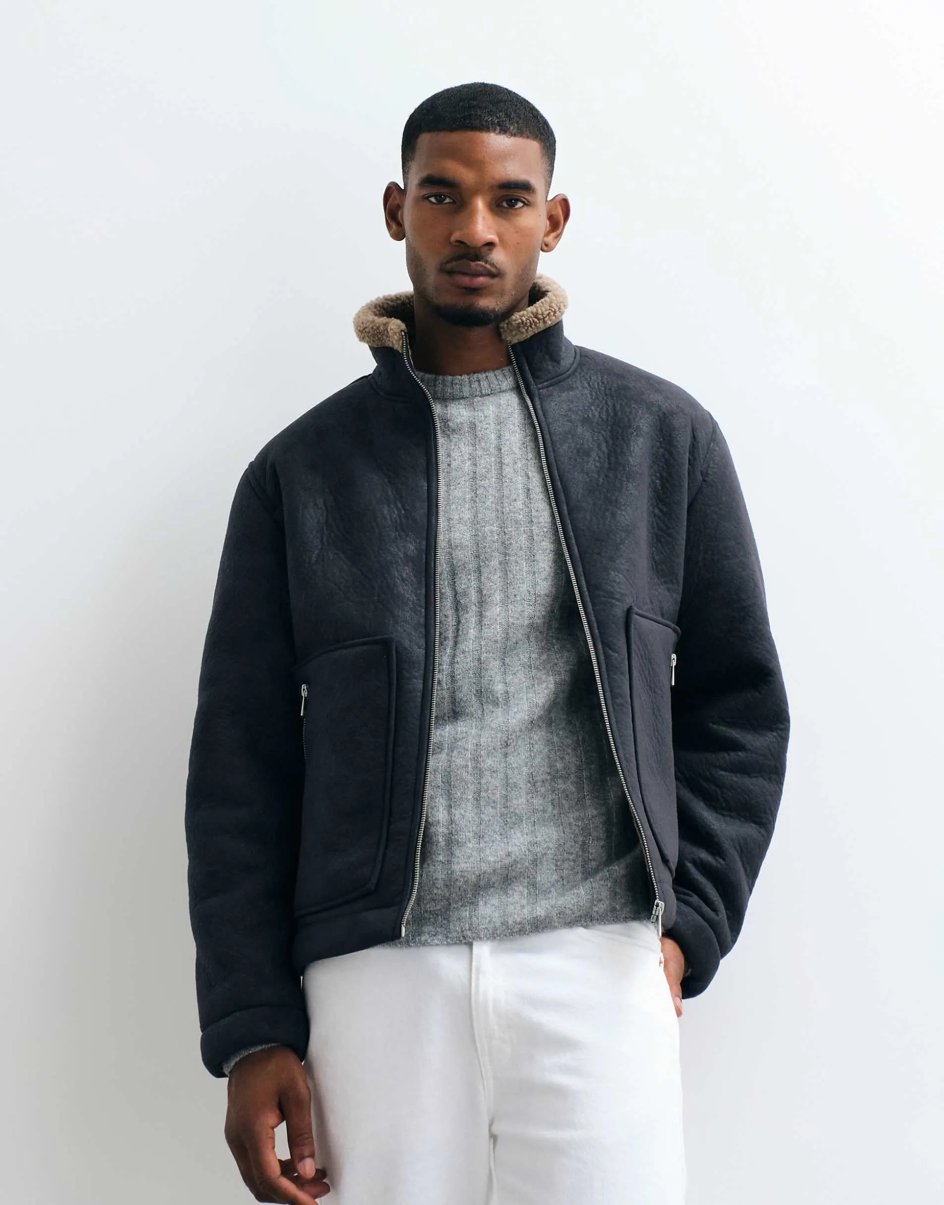 Jack & Jones aviator jacket with sherling lining in black