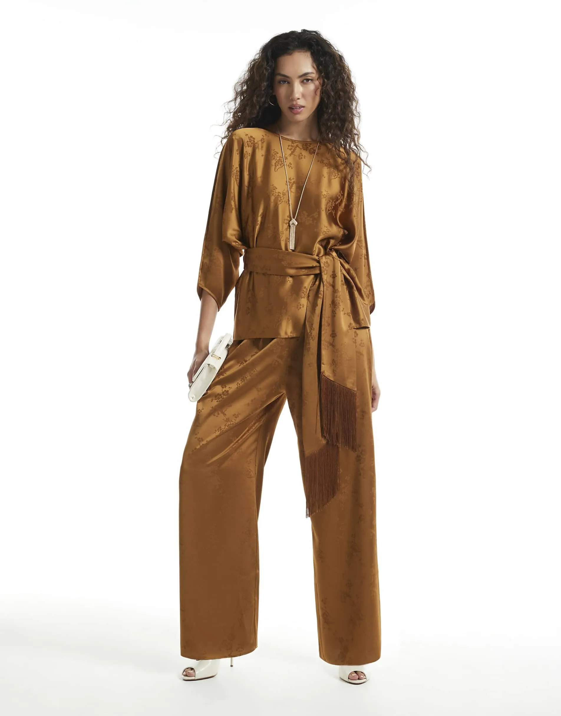 River Island Satin jacquard wide leg trousers in bronze
