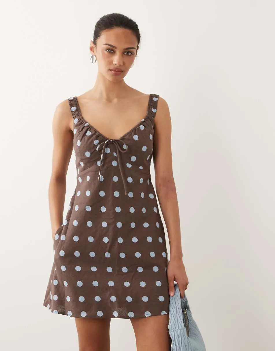 Abercrombie & Fitch v neck mini dress in brown and blue polka dot