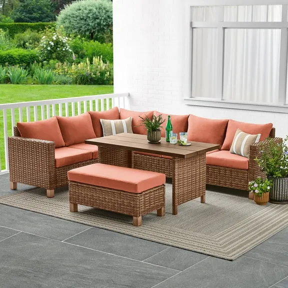Rollback Better Homes & Gardens Brookbury 4-Piece Outdoor Wicker Patio Sectional Dining Set, Terracotta Cushions $797.00 Was $897.00