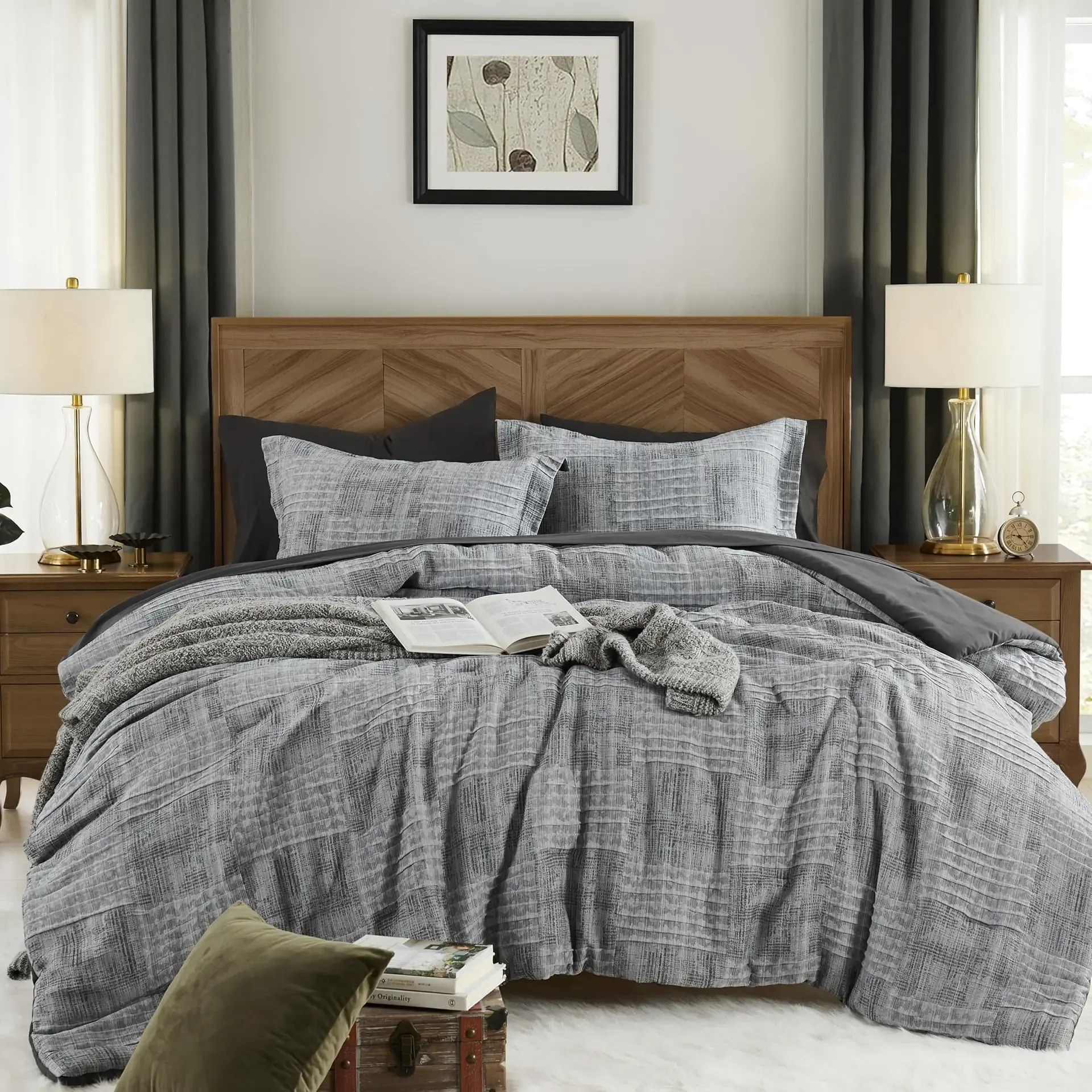 MaiRêve Queen Comforter Set Crinkle Textured Charcoal Grey Bedding 7 Pieces | All Season Bed in a Bag for Men with Comforter, Sheets, Pillowcases & Shams