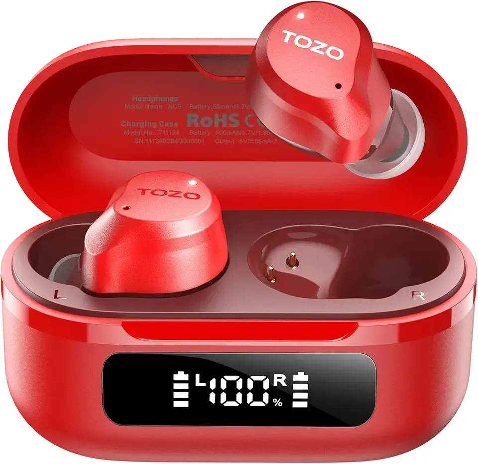 TOZO NC9 Hybrid Active Noise Cancelling Wireless Earbuds, 6 Mics ENC Clear Call, IPX8 Waterproof, in Ear Bluetooth 5.3 Headphones Stereo Bass Ear Buds 60H Playtime with LED Display 32 EQs via APP