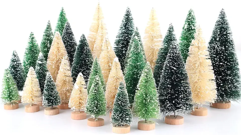 30Pcs Mini Christmas Trees - Artificial Christmas Tree Bottle Brush Trees with 5 Sizes, Snow Trees with Wooden Base for Christmas Party Home Table Craft Decor (GrassGreen+Green+White)