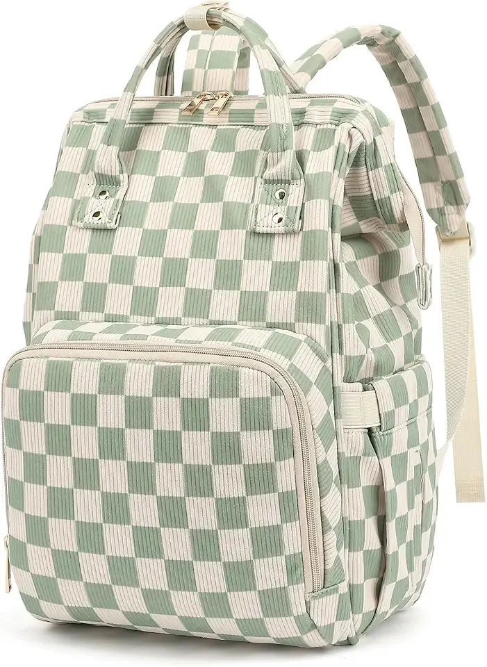 Baby Diaper Bag Backpack for Mom, Large Capacity Travel Nappy Bag for Boys & Girls with Stroller Straps (Corduroy Checkered Green)
