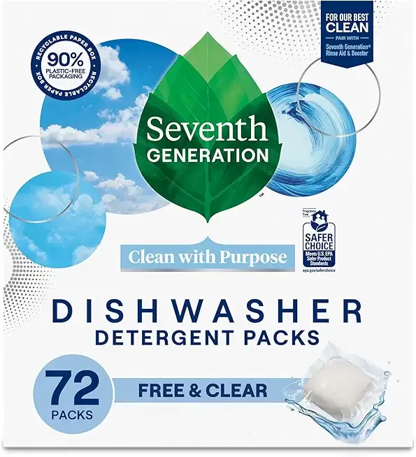 Seventh Generation Dishwasher Detergent Packs, Free & Clear, 72 Count, Pack of 1, Plant Powered Cleaning, Fights Greasy Reside & Stuck-On Food For Sparkling Dishes, Fragrance-Free & Septic Safe