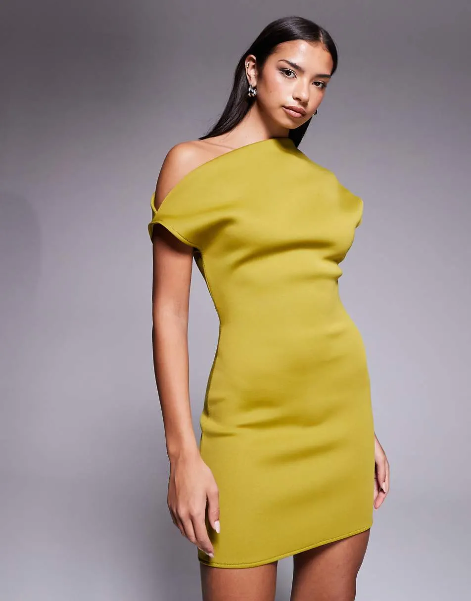 ASOS DESIGN off shoulder mini dress with ruched back detail in chartreuse scuba-style fabric