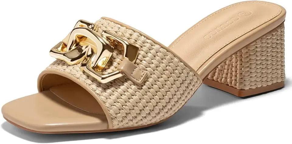 Womens Raffia Slide Sandals Chunky Block Heeled Square Open Toe Metal Chain Slip on Mules Dressy Shoes