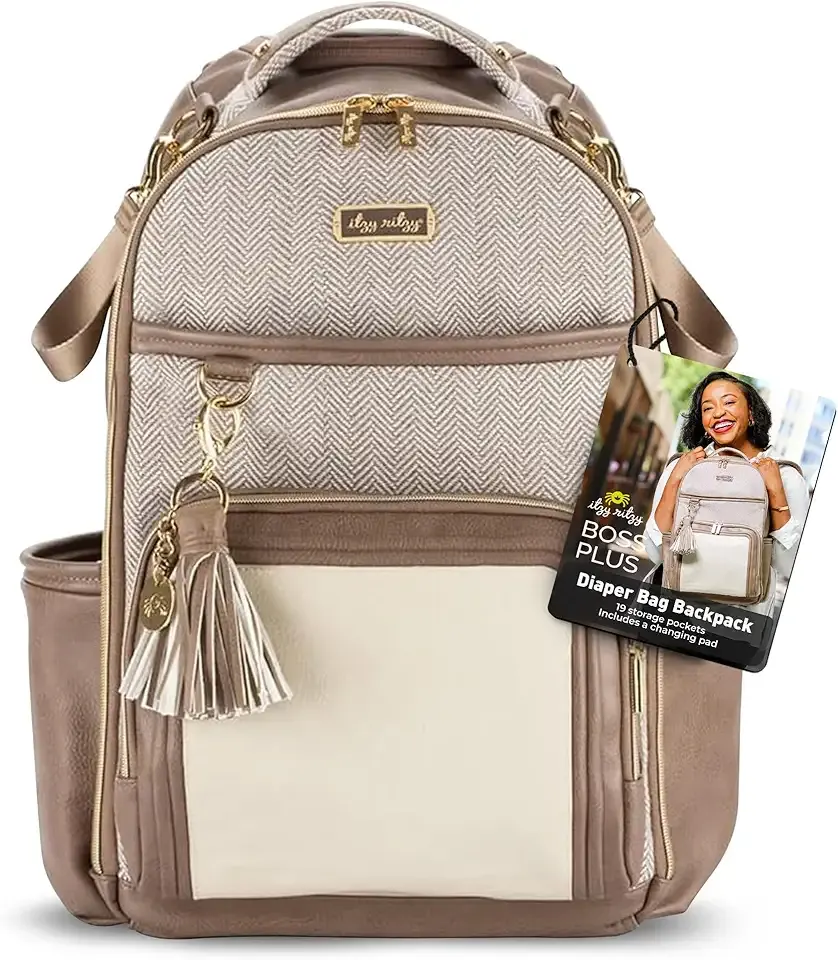 Itzy Ritzy Diaper Bag Backpack – Large Capacity Boss Plus Baby Backpack Diaper Bag Featuring 19 Pockets, Changing Pad, Stroller Clips, and Comfortable Straps (Vanilla Latte)