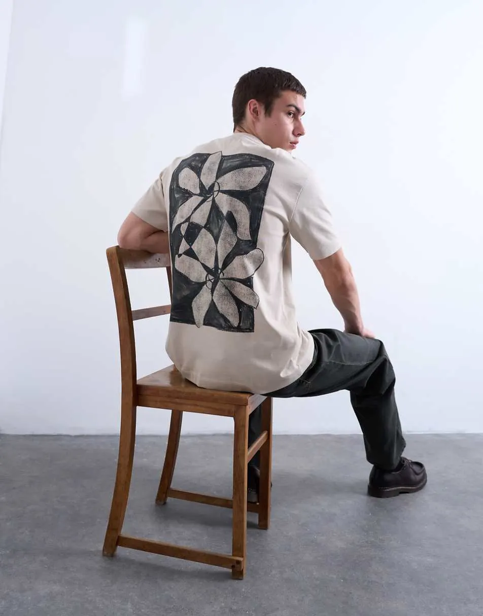 Topman relaxed fit t-shirt with front and back floral print in stone