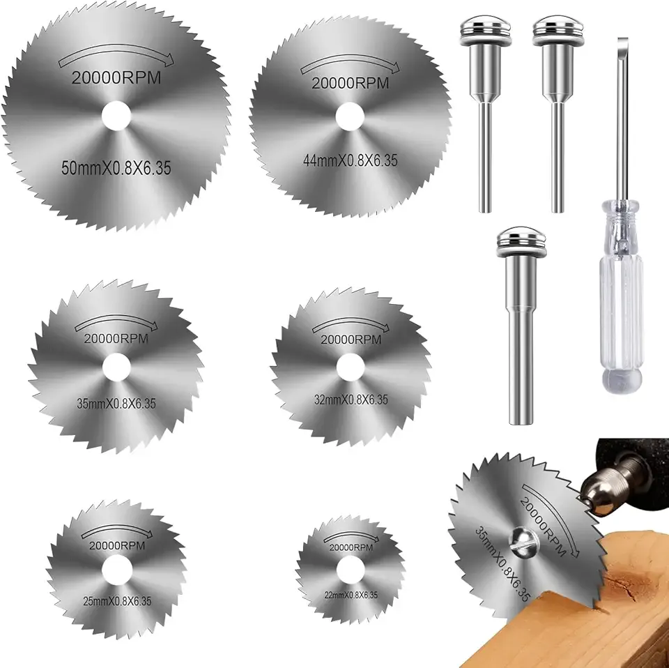 Drill Saw Blades for Dremel Rotary Tool 6Pcs HSS Saw Disc Wheel Cutting Blades with 2Pcs 1/8" Round Shank,1Pcs 1/4" Round Shank for Wood Plastic Aluminum Cutting(One Screwdriver)