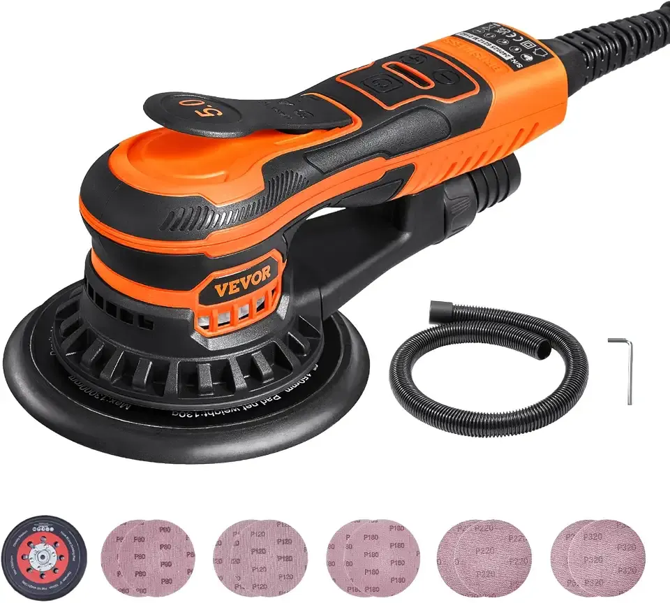 Random Orbital Sander 6-Inch, 350W Brushless Orbital Sander, 10,000 PRM 6 Variable Speed Electric Palm Sander with 10PCS Sandpapers, Dust Connector & Hose for Woodworking Detailing Sanding