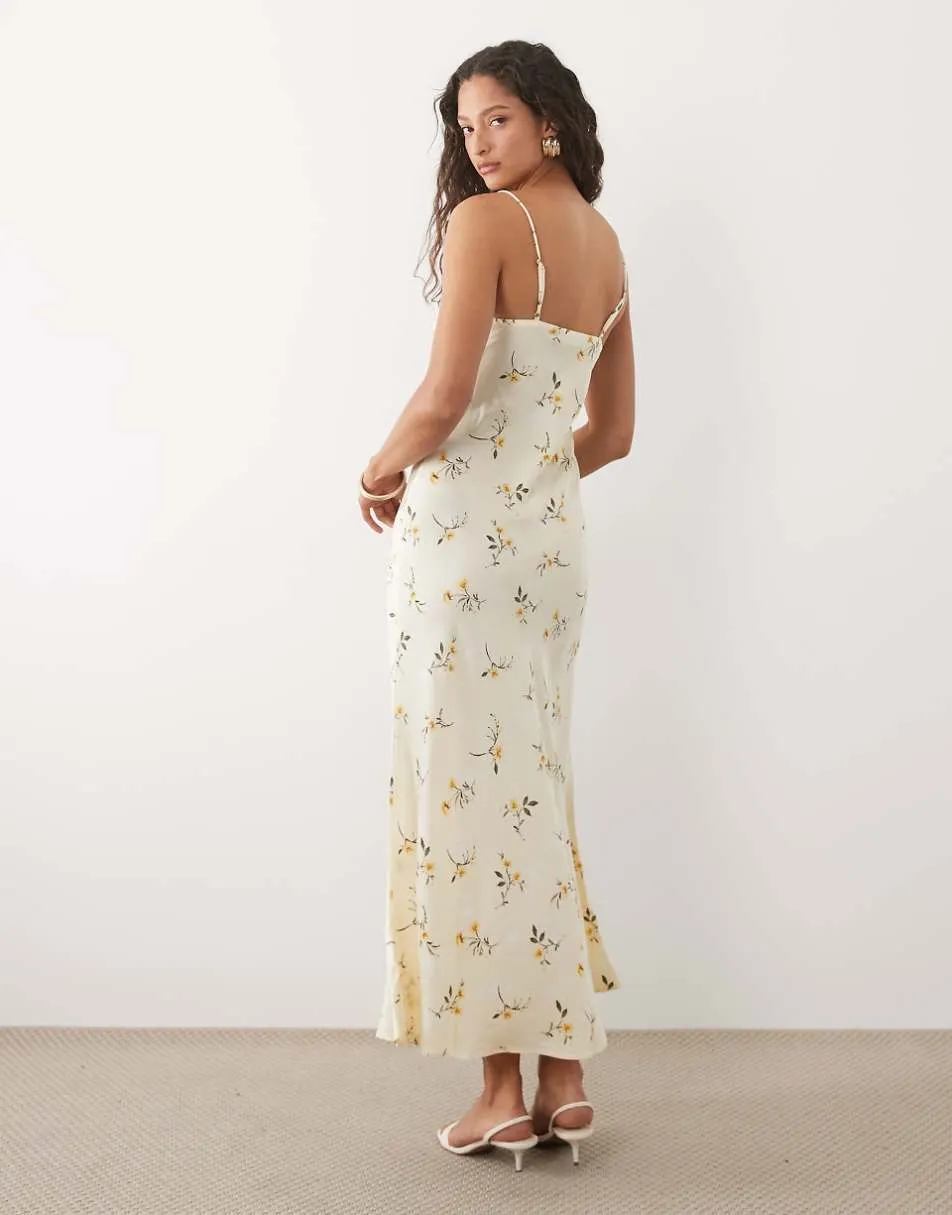 New Look lace trim ditsy floral satin midi dress in yellow