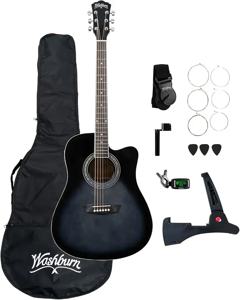 Washburn WA90CE Acoustic-Electric Guitar Kit – Dreadnought Cutaway, Built-In Tuner, Okoume Body – Perfect Holiday Gift for Adults, Beginners, Musicians & Live Performance